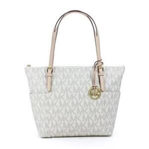 Michael Kors Signature Tan Brown Vanilla Logo Tote Jet Set Handbag Large Purse